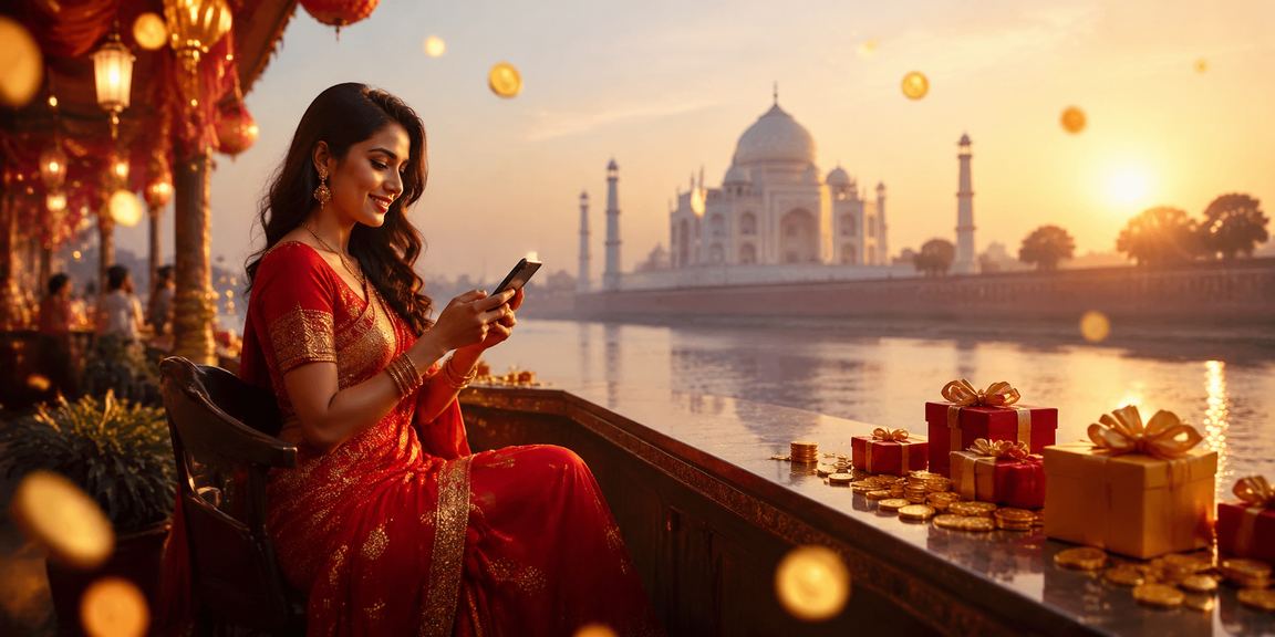 Woman enjoying lottery betting near Taj Mahal