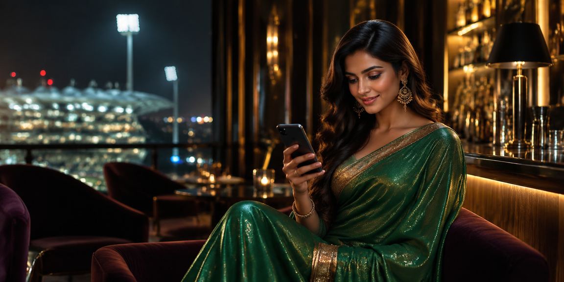 Player checking lottery results on mobile in traditional Indian clothing